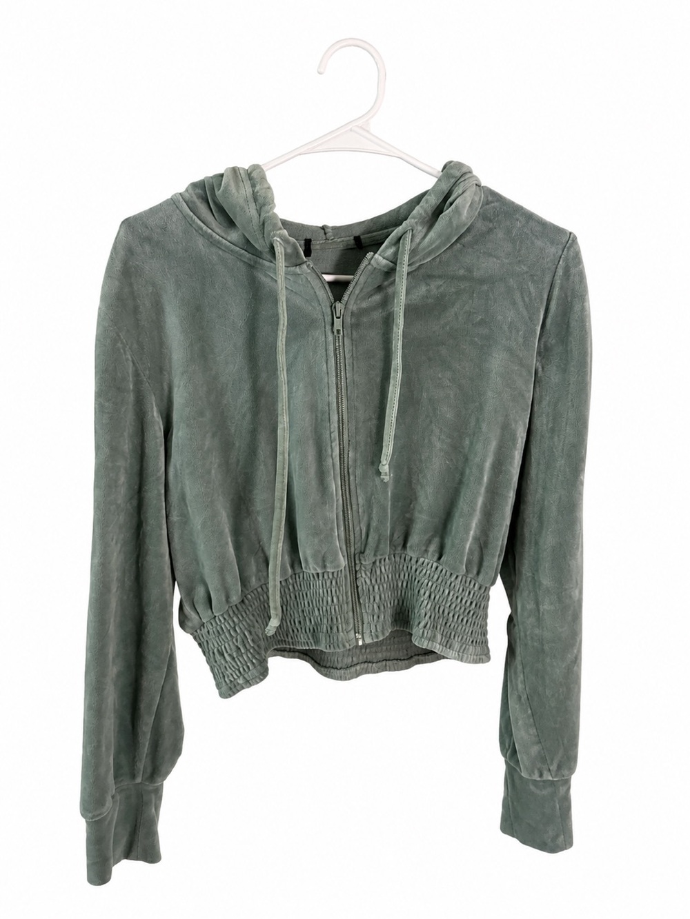 Francesca's Collections Cropped Hooded Zip Jacket in Sage Green